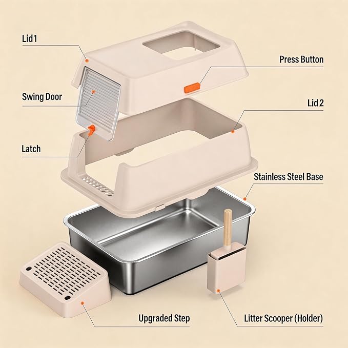 Stainless Steel Litter Box with Lid, Extra Large Enclosed Cat Litter Pan for Big Cats, High Sided Metal Litter Box with Enclosure, Front & Top Entry, Easy Clean, Anti-Leakage, Includes Scoop，Cream
