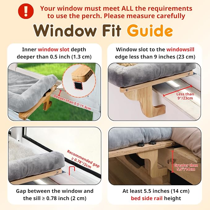 2 Pack Cat Window Perch with Cushion Bolster and Cool Pad, Cat Hammocks for Windows with Wood & Robust Metal Frame for Large Cats (Natural & Walnut Wood with Brown & Gray Cushion, 24" W)