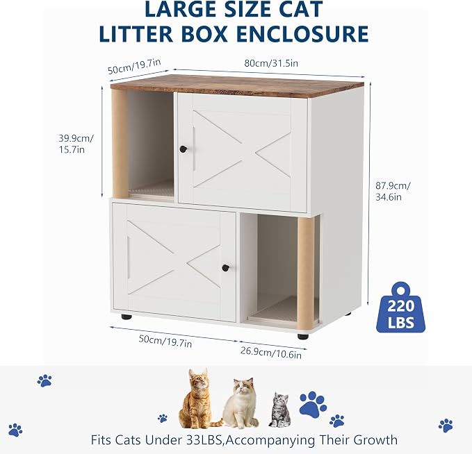 Cat Litter Box Enclosure, Two-Story Wooden Hidden Litter Box Furniture with Scratching Post, Multi-Level Cat Washroom Cabinet for 2 Cats, Reinforced Wood Frame & Ventilated Design for Small Apartment