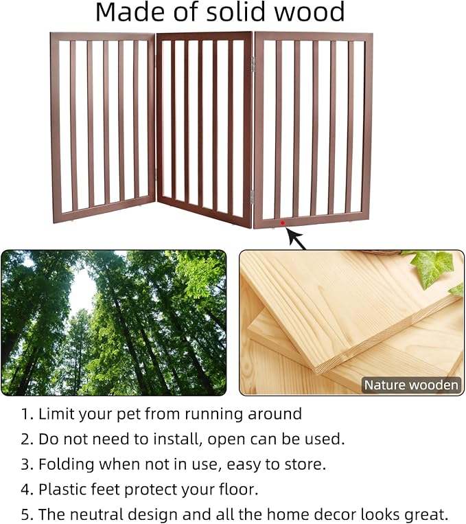 Dog Gate Indoor, Freestanding Dog Fence for The House, Doorways, Hallways,or Stairs,Pet Gate Foldable Wooden,Expandable 32" Height 3 Panels,Brown