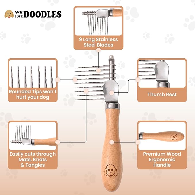 Dog Grooming Scissors Kit & Dog Dematting Rake Bundle - Straight, Curved & Thinning Shears, Grooming Kit, Professional Grade Steel, Detangler Brush for Dogs, Matted Fur Removal on Undercoat