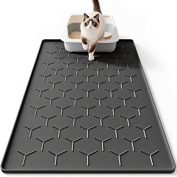Bulkniu Large Silicone Cat Litter Mat, Waterproof/Urineproof, Litter Recycling, Easy to Clean, Soft on Kitty Paws (22"X34"- Black)