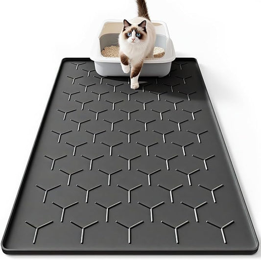 Bulkniu Large Silicone Cat Litter Mat, Waterproof/Urineproof, Litter Recycling, Easy to Clean, Soft on Kitty Paws (22"X34"- Black)