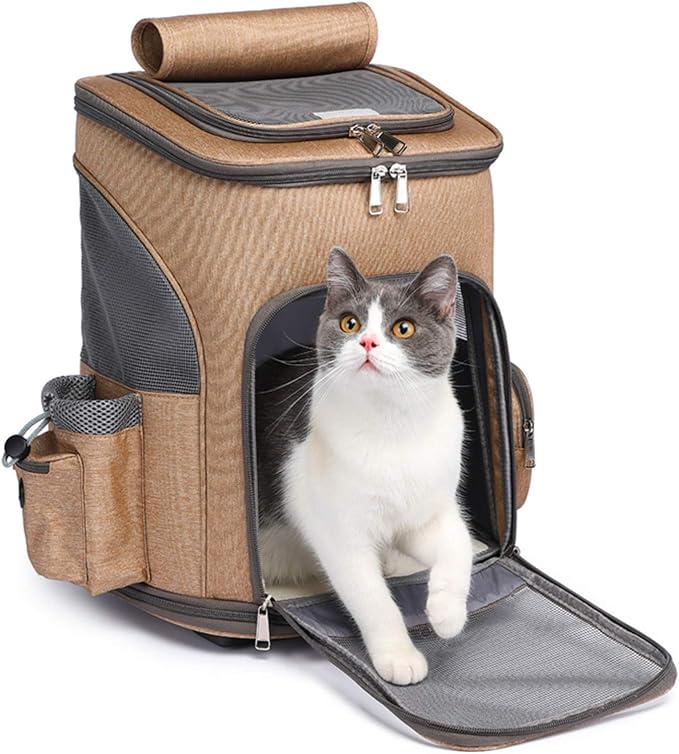 Pet Travel Rolling Backpack Rolling Carrier with Wheel Breathable Airline Approved Pet Carrier Stroller Soft-Sided Carrier Bag for Small Dogs Cats Rabbit for Indoor & Outdoor Use,Khaki