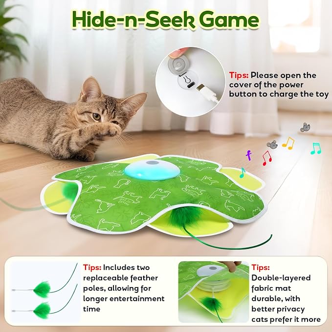 Saolife Interactive Cat Toys with Moving Feather Concealed in Mat, Rechargeable Cat Exercise Toys for Bored Cats with Motion Activated, Mouse Squeaky (Green)