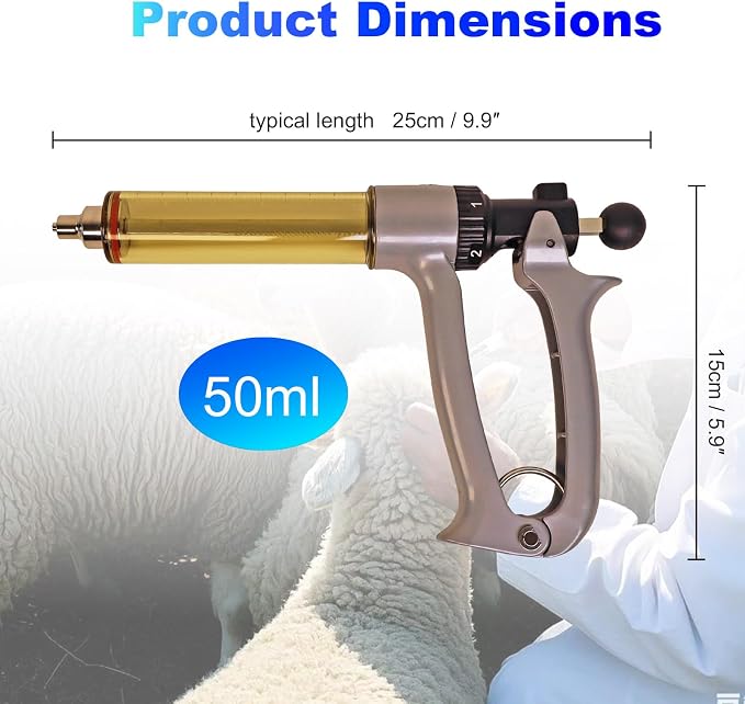 50ml semi-automatic livestock injector, 5-level adjustable continuous repeating Luer lock livestock injector, ergonomic design, suitable for cattle, horses, goats, sheep, and pigs on farms and ranches.