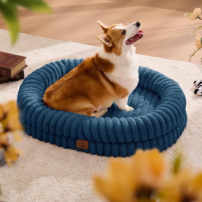 ChiXnuggle Orthopedic Dog Bed for Large Dogs, Waterproof Faux Rabbit Fur Dog Couch with Egg Crate Foam Support and Washable Removable Cover, Bolster Pet Sofa with Non-Slip Bottom, 35x28x7, Navy