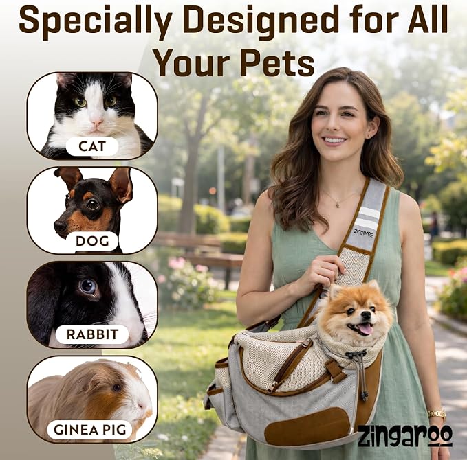 Hands-Free Sling Pet Carrier for Cats and Small Dogs up to 7lbs – Travel Set Includes Foldable Water Bowl & ID Card – Breathable Mesh, Safety Hook & Adjustable Padded Strap for Walking & Travel