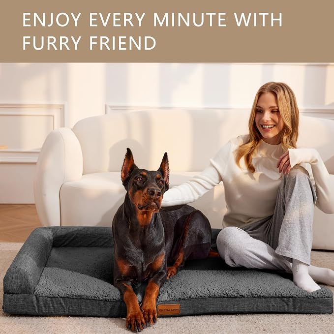 Patas Lague Orthopedic XL Dog Bed Large Sized Dog 48''X30'', Waterproof L Bolster Big Large Pet Sofa Beds with Removable Washable Cover, Soft Pet Couch Crate Mat with Nonskid Bottom, Dark Grey