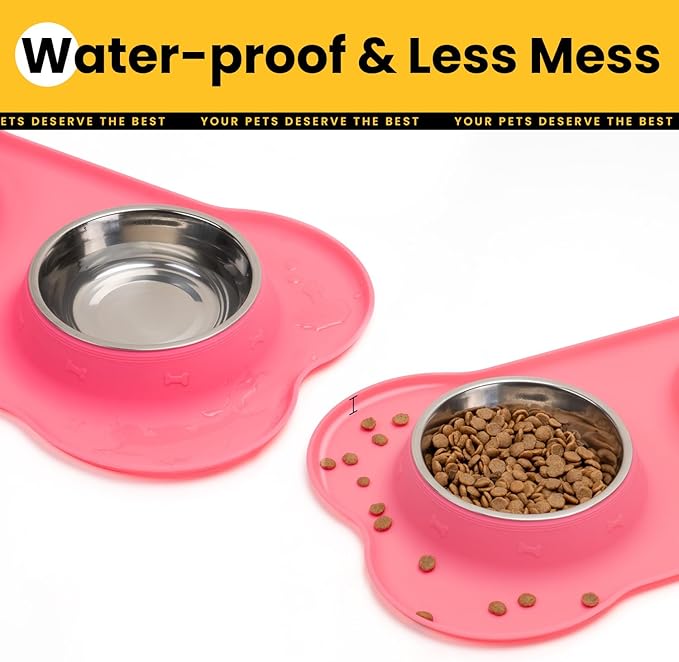 Conlun Dog Bowls with Silicone Feeding Mat,No Spill Food Water Dish Set,Dishwasher Safe,2 Stainless Steel Puppy Bowls with Dogs Bandanas,Suitable for Tiny Pets Under 8lbs,Extra Small,Pink