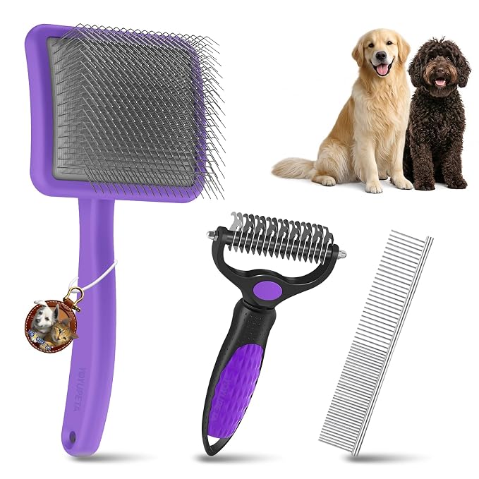 Large Dog Slicker Brush for Goldendoodles, Poodles - 3 in 1 Grooming Kit with Undercoat Rake & Comb - Extra Long Pins Slicker Brush for Dematting, Thick Coats, Shedding, Detangling, Purple