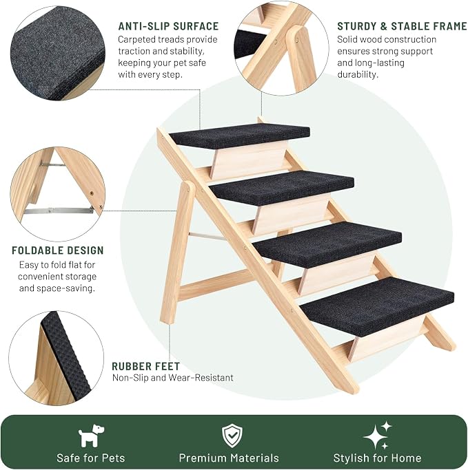 Dog Stairs/Ramp for Bed, Wooden 2-in-1 Foldable Pet Stairs & Ramp, Portable Dog Ladder Up to 180 Pound for Elderly/Short-Legged Dogs, 4 Steps for Beds, Couch