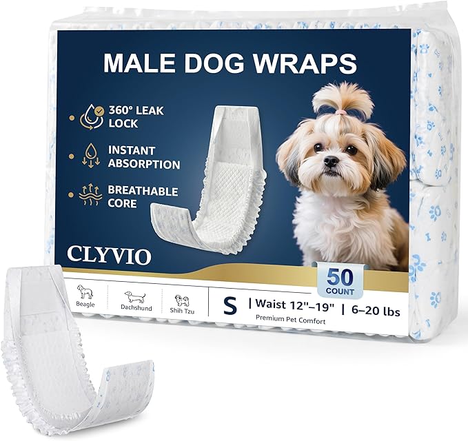 Dog Diapers Male Small, Disposable Wraps Belly Bands, 12-19", 50 Ct | 6-layer absorbent core · wetness color indicator · soft breathable fit · leak-resistant · for marking, training & senior care