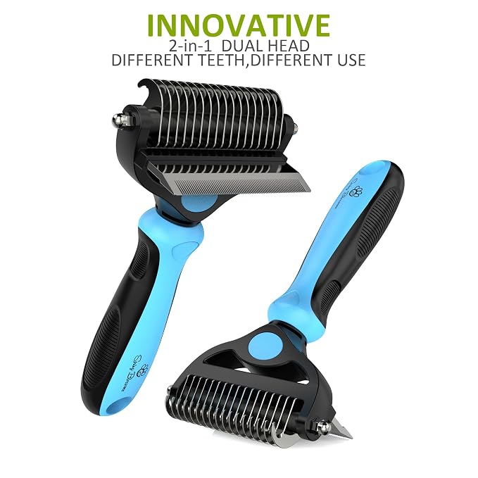 Spring Blossoms-2 in 1 Professional Grooming Rake for Cats & Dogs-Dematting Comb for Easy Mats & Tangles Removing,Pet Brush Safe No More Nasty Shedding and Flying Hair (Blue)