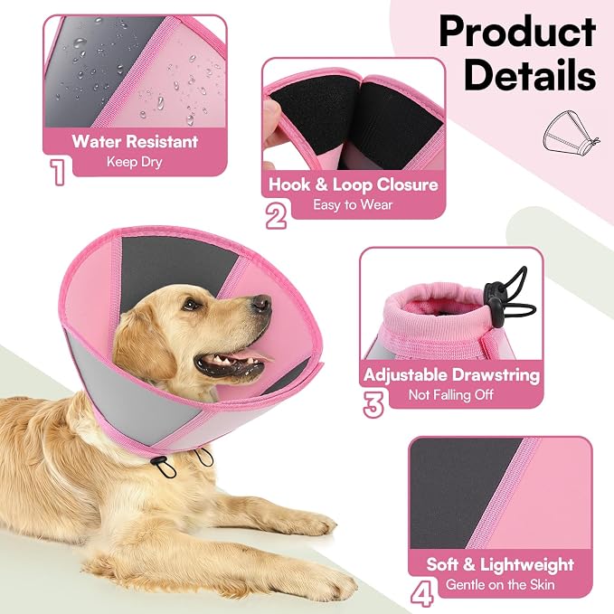 Queenmore Dog Cones for Medium Dogs, Soft Dog Cone, Cone for Dogs After Surgery, Adjustable Recovery Collar for Wound Healing, Comfortable Pet E-Collar to Stop Licking (Light Pink,M)