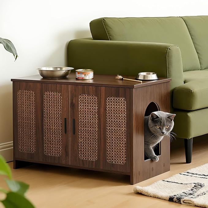 HOOBRO Farmhouse Cat Litter Box Enclosure, Hidden Litter Box Furniture with Side Entry & Vents, Litter Box Cabinet with Double Woven Doors, Side Table for Living Room, Bedroom, Walnut WL33MW01