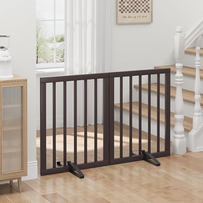 Dog Gates for Doorways, Freestanding Foldable Dog Gate Indoor, Pet Gates for Doorways Bedroom, Puppy Gate with Metal Support Feet, Room Divider 2 Panels (Brown)