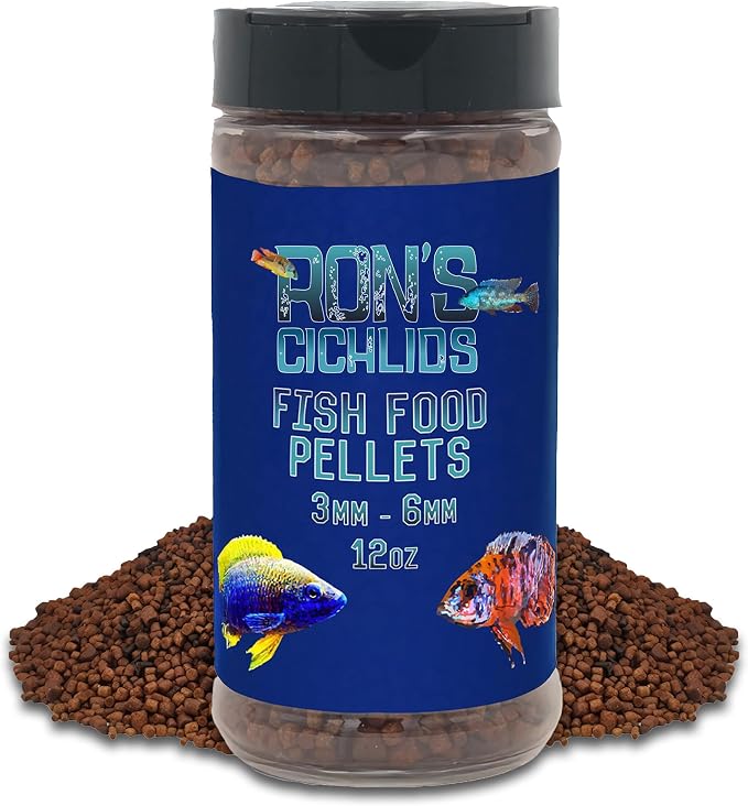 RON'S CICHLIDS African Cichlid Fish Food, Premium Tropical Fish Food Pellets with Protein, Veggies & Fruits for Healthier, Brighter & Bigger Tropical Fish & Cleaner Tanks, Big Boy Blend, 12 OZ