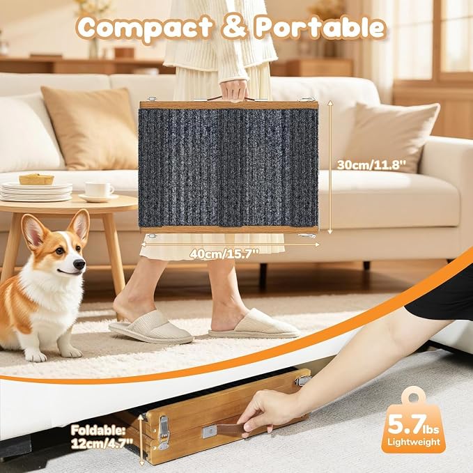 Pawaboo Foldable Dog Ramp, Small Dog Ramp for Couch, 4 Adjustable Height from 13'' to 21", Stable Pet Steps with Non-Slip Pad, Portable Pet Ramps Use for Couch Sofa Stairs, Walnut