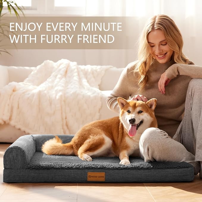 Patas Lague Orthopedic XL Dog Bed Large Sized Dog 48''X30'', Waterproof L Bolster Big Large Pet Sofa Beds with Removable Washable Cover, Soft Pet Couch Crate Mat with Nonskid Bottom, Dark Grey