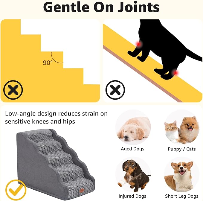 Woochpet Side Armrest Dog Stairs for High Beds Up to 26-30", 5-Step Pet Ramp with Weighted Base Plate, Washable Cover, Gentle Slope Steps, Bed & Couch Ladder for Small Medium Dogs & Senior Cat