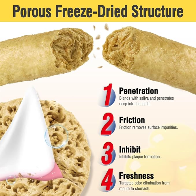 30g Freezed Dried Cat Chew Stick Egg Yolk Flavor, Cat Dental Treats for Freshens Breath and Reduce Tartar, Feline Teething Sticks Cats Treats Snack
