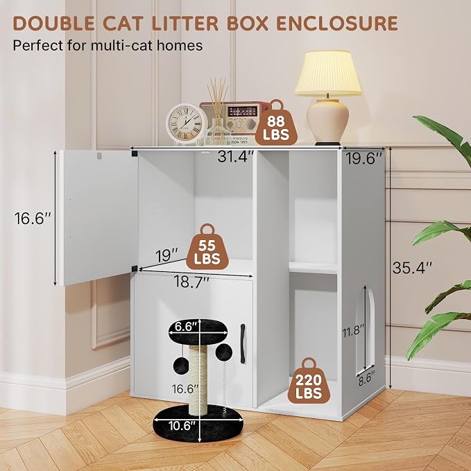 Rovibek Double Cat Litter Box Enclosure, Hidden Litter Box Furniture for 2 Cats with Scratching Post and Storage, Dual cat Litter Cabinet for 2 Litter Boxes, White