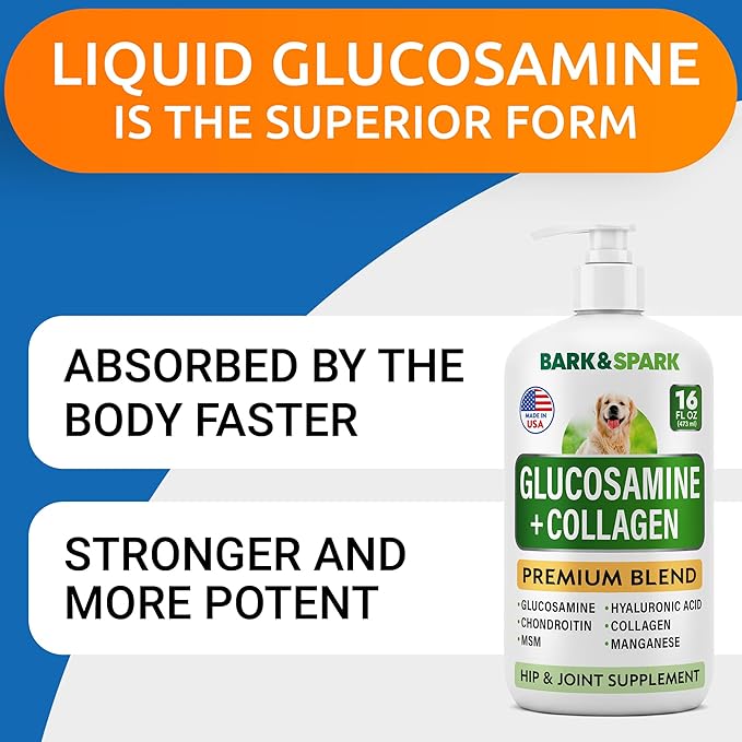 Liquid Collagen for Dogs w/Glucosamine (16 OZ) Advanced Mobility Joint Supplement for Dogs - Advanced Formula w/Chondroitin, MSM - Hip & Joint + Skin & Coat Care - Made in USA