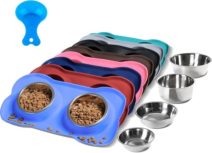 Hubulk Pet Dog Bowls 2 Stainless Steel Dog Bowl with No Spill Non-Skid Silicone Mat + Pet Food Scoop Water and Food Feeder Bowls for Feeding Small Medium Large Dogs Cats Puppies (Extra Large, Blue)