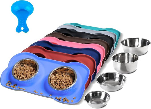 Hubulk Pet Dog Bowls 2 Stainless Steel Dog Bowl with No Spill Non-Skid Silicone Mat + Pet Food Scoop Water and Food Feeder Bowls for Feeding Small Medium Large Dogs Cats Puppies (Extra Large, Blue)