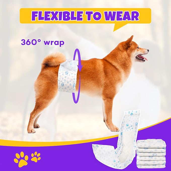 BURVAGY 50 Count Disposable Male Dog Wraps, Male Dog Diapers, Super Absorbent Pee Wraps, Belly Bands for Dogs, Leak Proof, Wetness Indicator, Puppy and Doggie Diaper for Peeing, X-Small