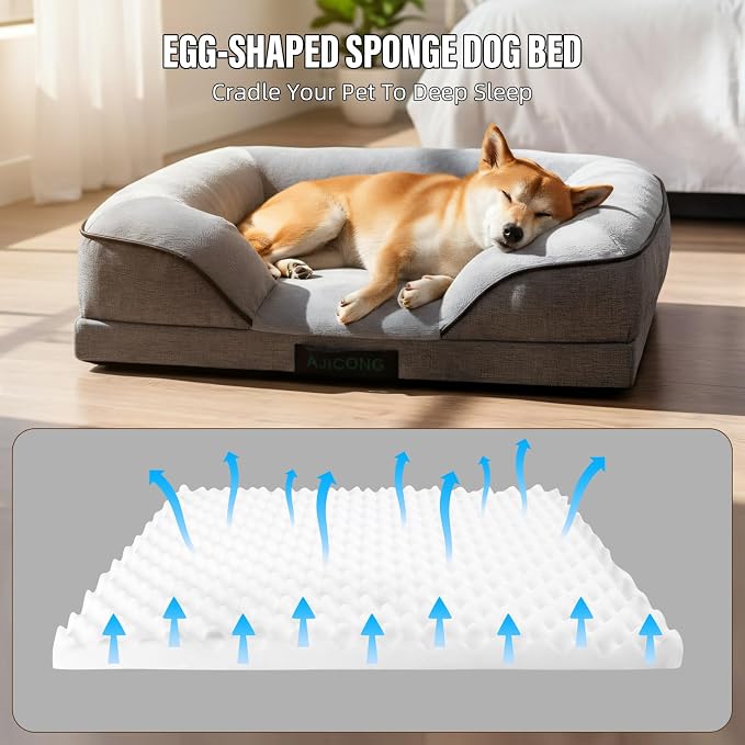 Orthopedic Egg-Shaped Sponge Dog Beds Large Sized Dog with Sides, Removable Cover and Non-Slip Bottom (Grey, 35 * 25 * 8)