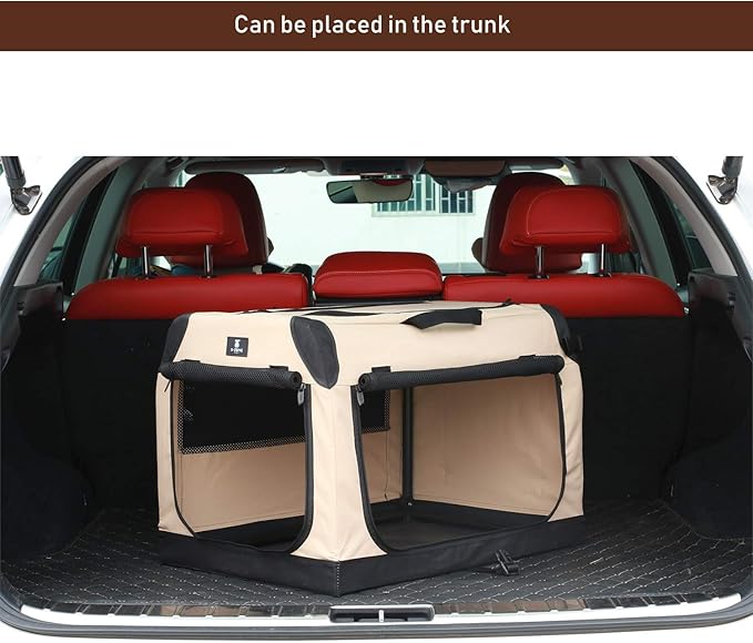 X-ZONE PET 3-Door Portable Soft-Sided Folding Soft Dog Travel Crate Collapsible Pet Kennel,Large, Tan, 32 x 23 x 23 Inches