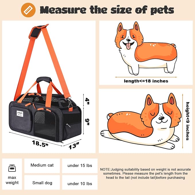 pidipiti 18.5x13x9 TSA Approved top Expandable Soft Sided pet Carrier for Small Dog up to 10 lbs,Medium cat up to 15 lbs. for Southwest and Other Airlines onlt Have 9'' Height Space Under seat