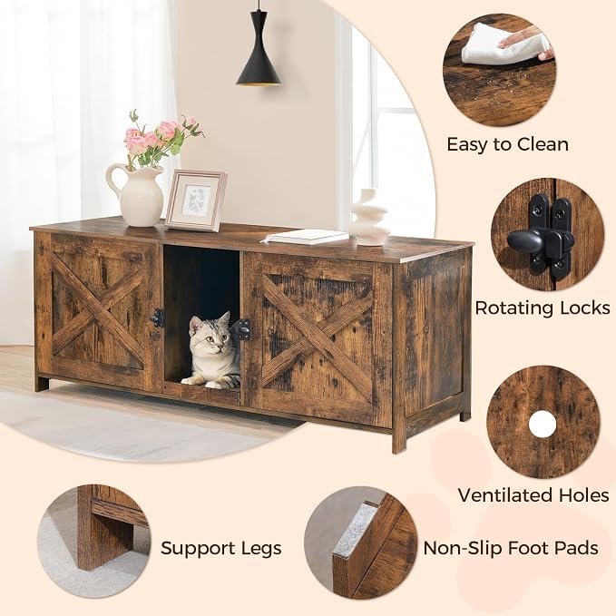 MAHANCRIS Cat Litter Box Enclosure for 2 Cats, 47.2" Hidden Litter Box Furniture with Double Room, Wooden Cat Washroom with Scratching Board, Indoor Cats House End Table, Rustic Brown CWHR1201