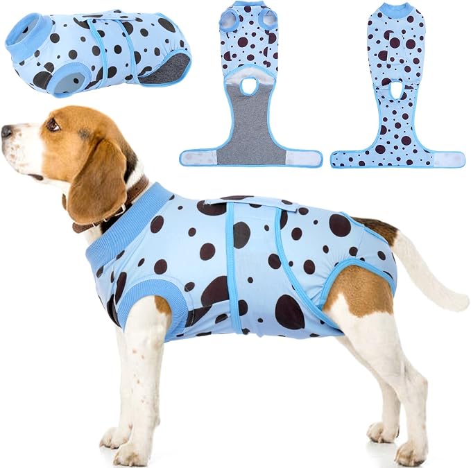 Kuoser Dog Surgery Suit, Soft Dog Spay Recovery Suit Female, Anti Licking Neuter Recovery Suit for Male Dogs, Post-Op Pet Surgical Suit Protective Wear E-Collar & Cone Alternative,Blue Polka Dots M