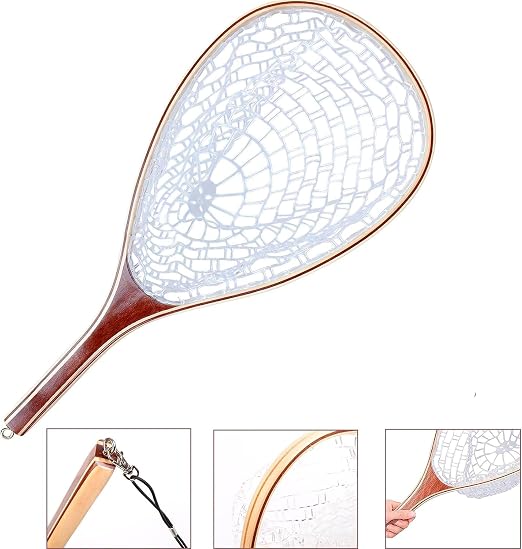 Wooden Frame Fly Fishing Net with Soft Rubber Mesh，Low-Weight Landing Net for Trout & Bass， Catch-and-Release Design for Stream and River Fly Fishing