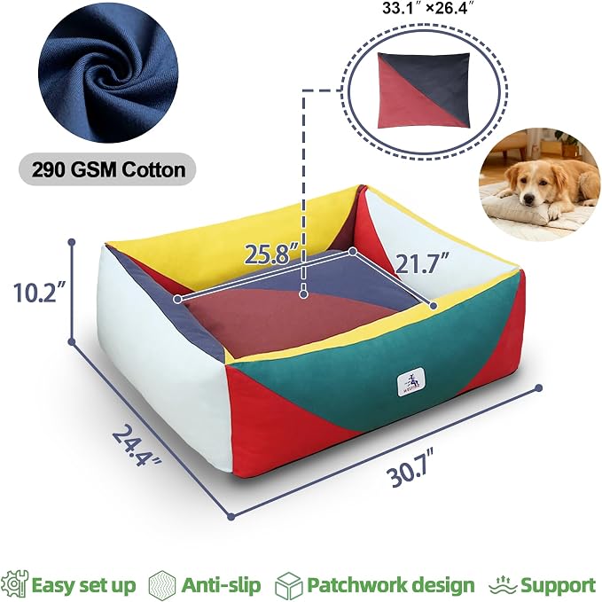 Cotton Canvas Dog Bed, Cute Dog Bed Medium Size Dog, Puppy Bed with Washable Removable Cover, Durable 290 GSM Cotton Anti-Chewing Pet Bed with Anti-Slip Bottom (30"x25"x10", Red&Yellow&Green)