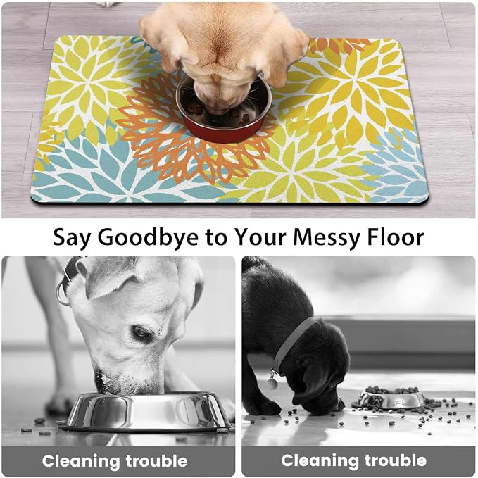 Dog Food Mats for Floors, Absorbent and Quick-Drying Pet Cat Food Mat,Anti-Fouling and Easy-to-Clean Pet Feeding Mat,Dog Bowl Mat for Messy Drinking Water Bowls.17x32, Bohemia Dahlia Floral Style