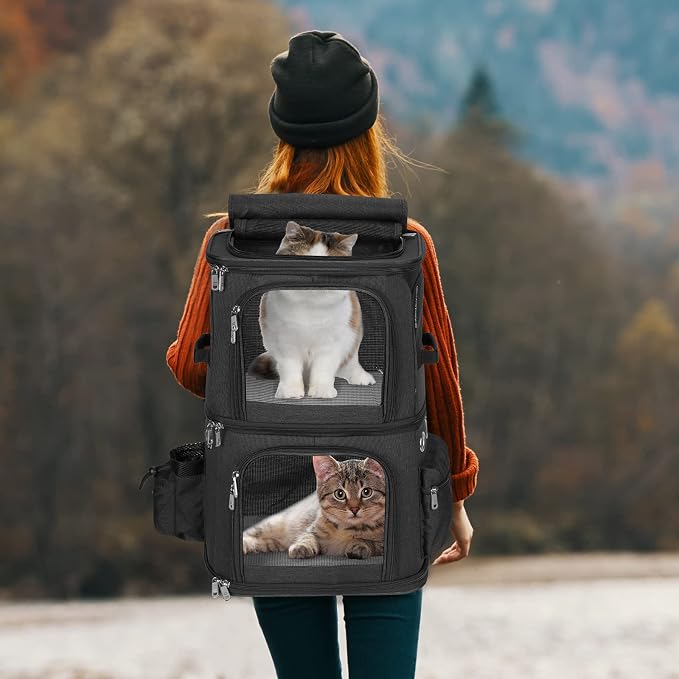 HOVONO Double-Compartment Pet Carrier Backpack for 2 Cats or Small Dogs, Dual Travel Dog Cat Carrier wih Breathable Mesh Windows, Fits Pets up to 20 lbs, Perfect for Traveling/Hiking/Camping, Black