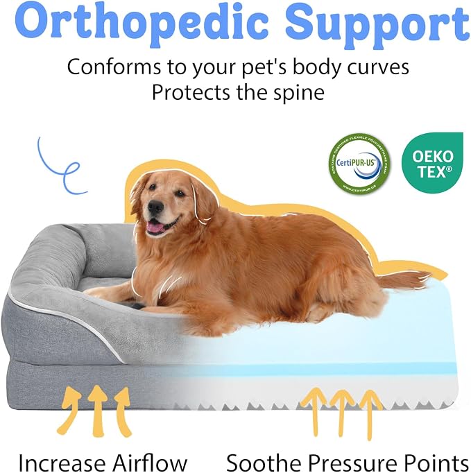 Chez Paw Jumbo Waterproof Dog Bed for Giant Dogs, Extra Thick Egg-Crate Foam Orthopedic Dog Sofa with Sides & Removable Washable Cover, Non-Slip Bottom, Silver 53"x42"x8.5"