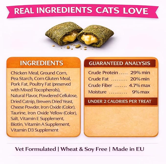 Calming Cat Treats for Indoor Cats – Crunchy Pillow Bites Gooey Center – Catnip Chicken Cheddar Low Calorie Kitty Treats – Cat Snacks Food Topper Wheat Soy Free Healthy Dental – 3oz Resealable