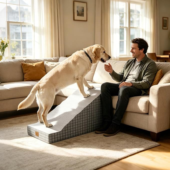 19" Pets Ramp for High Beds, Small Dogs & Senior Cats - Non-Slip Texture & Machine Washable Cover - Supportive Foam for Joint Comfort, Easy Climb for Couch, Sofa, Furniture (Gery-L)
