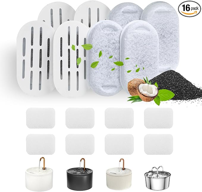 DOOOB Cat Water Fountain Filters, 16 Pack Cat Fountain Filter, Cat Fountain Replacement Filters for DOOOB Ceramic Cat Water Fountain, Pet Water Fountain Filters (8 Filters & 8 Sponges)