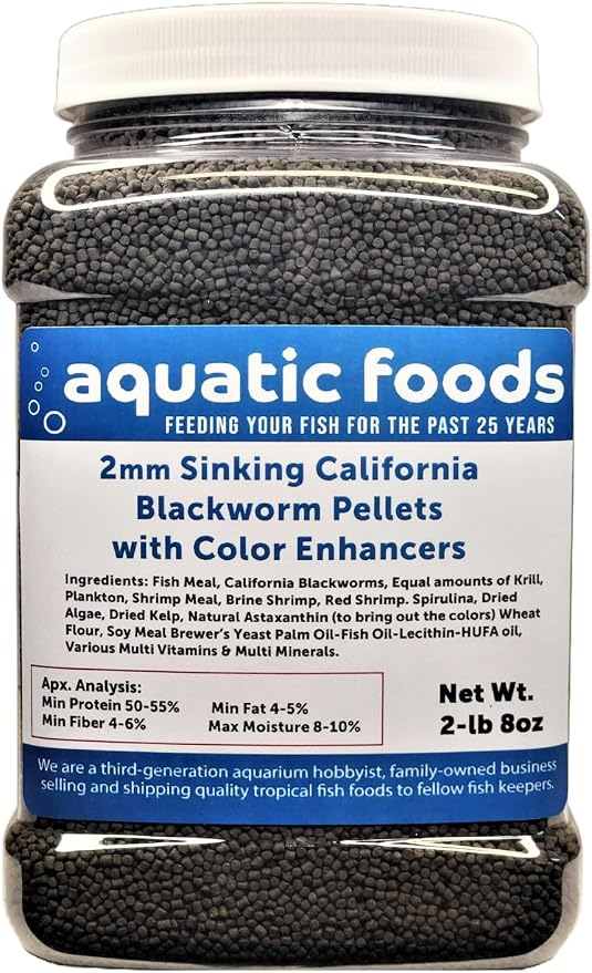 2mm Sinking Blackworm Pellets with Color Enhancers & Vitamins for Shrimp, Snails, Crayfish, Catfish, All Bottom Grazers, Small Discus, Cichlids, Community Fish, Tropical and Pond Fish…2-lb 8oz Med Jar