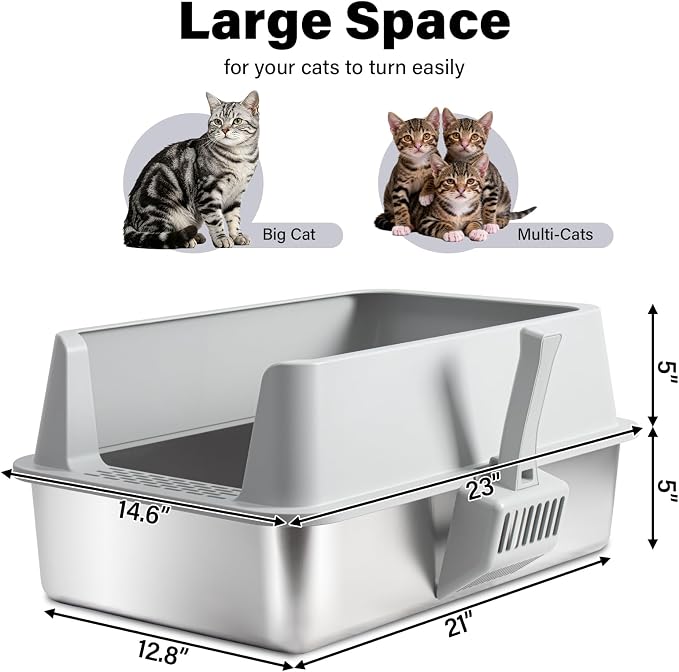 2PACK Stainless Steel Litter Box, XL Metal Cat Litter Box with Lid High Sides, Extra Large Litter Boxes for Big Cats, Anti-Urine Leakage, Non-Sticky, Scoop and Mat Included