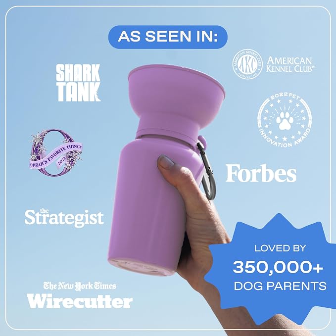 Springer Flip Portable Dog Water Bottle with Foldable Food Grade Silicone Bowl - 20 Ounce Travel Dog Water Bottle Ideal for Camping - Easy Squeeze Hydration & Release to Drain Lilac