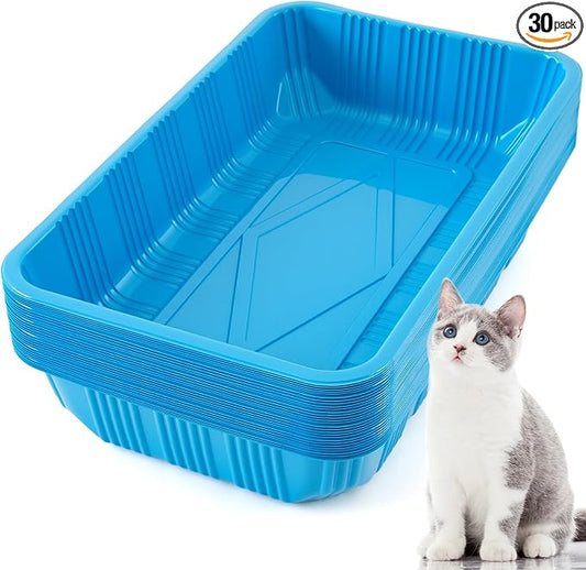 Tessco for you 30 Pack Disposable Cat Litter Boxes, Plastic Leakproof Litter Trays for Cats, Disposable Travel or Temporary Litters Pan for Kittens and Small Pets, 16.7 x 10.5 x 3.4 Inch(Blue)