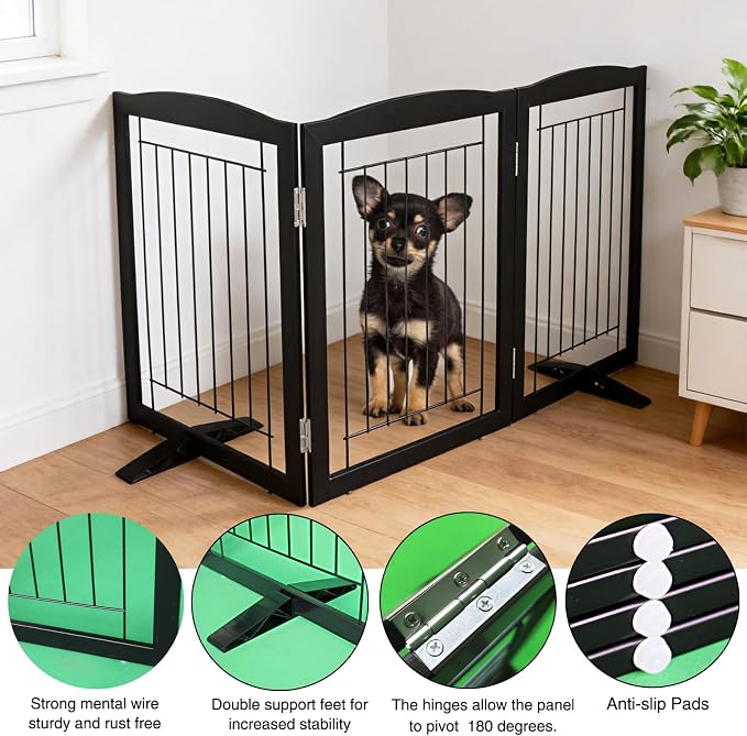 ZJSF Freestanding Dog Fence Indoor, Foldable Dog Gate for Doorways, Stairs or Hallways, Sturdy Wood Extra Wide Pet Gate with Support Feet for The House, Black, 32 "Height-3 Panels