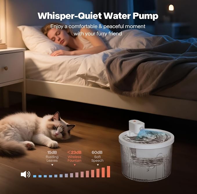Sharper Image Wireless Water Fountain for Cats, 68oz/2L Ultra Quiet Pump Cordless Cat Water Fountain, Rechargeable Cat Drinking Fountain with Motion Sensor, 2 Replacement Sponge Filters & Mat